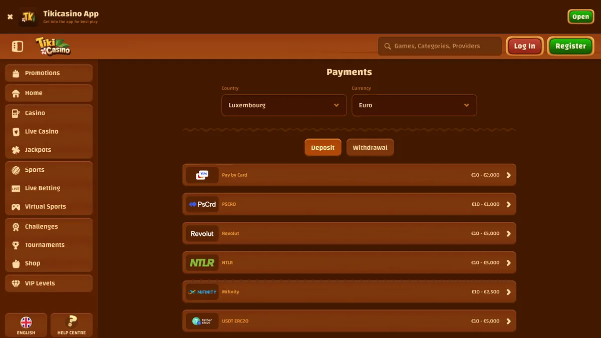 méthodes et montants de dépôt sur une page de paiements de casino