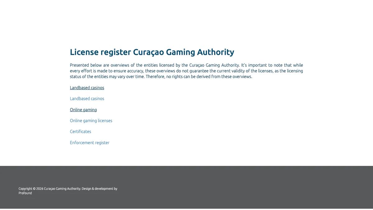 registre des licences de la Curaçao Gaming Authority