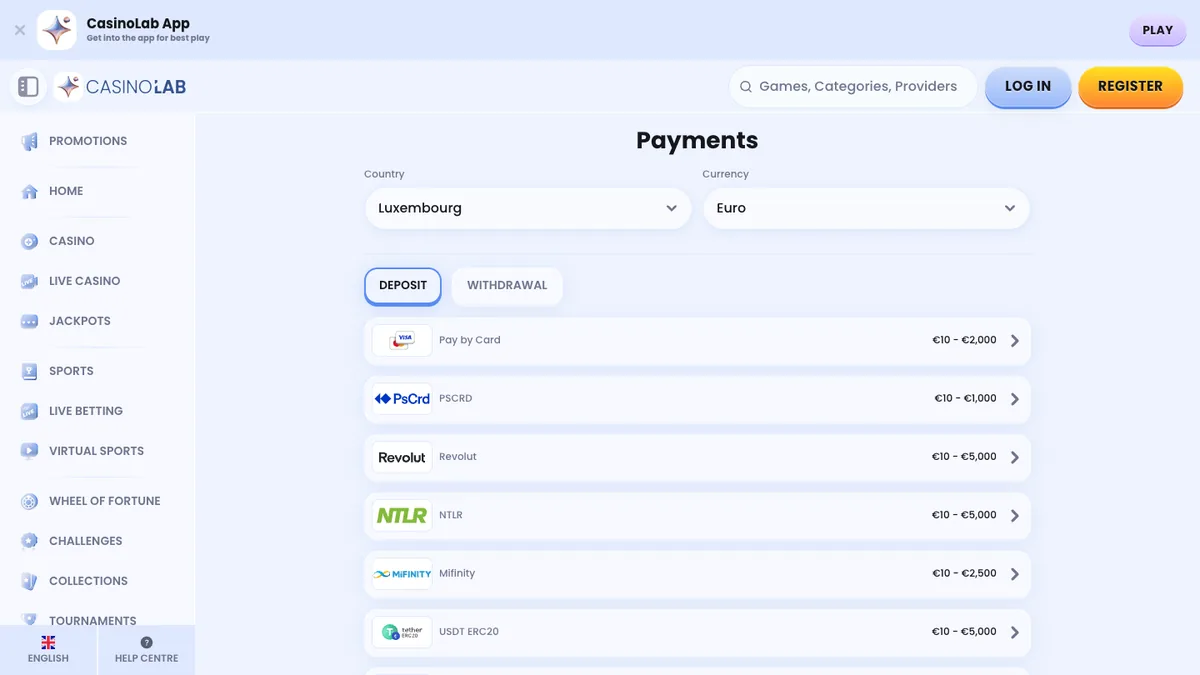 Caisse de CasinoLab : Neteller au dépôt, 10–5 000 €