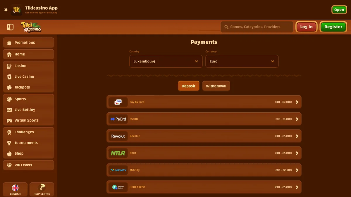 Caisse de Tiki Casino : USDT (ERC20) au dépôt, 10–5 000 €