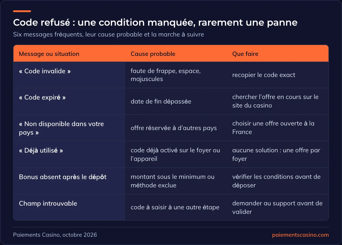 code promo de casino refusé : causes et solutions