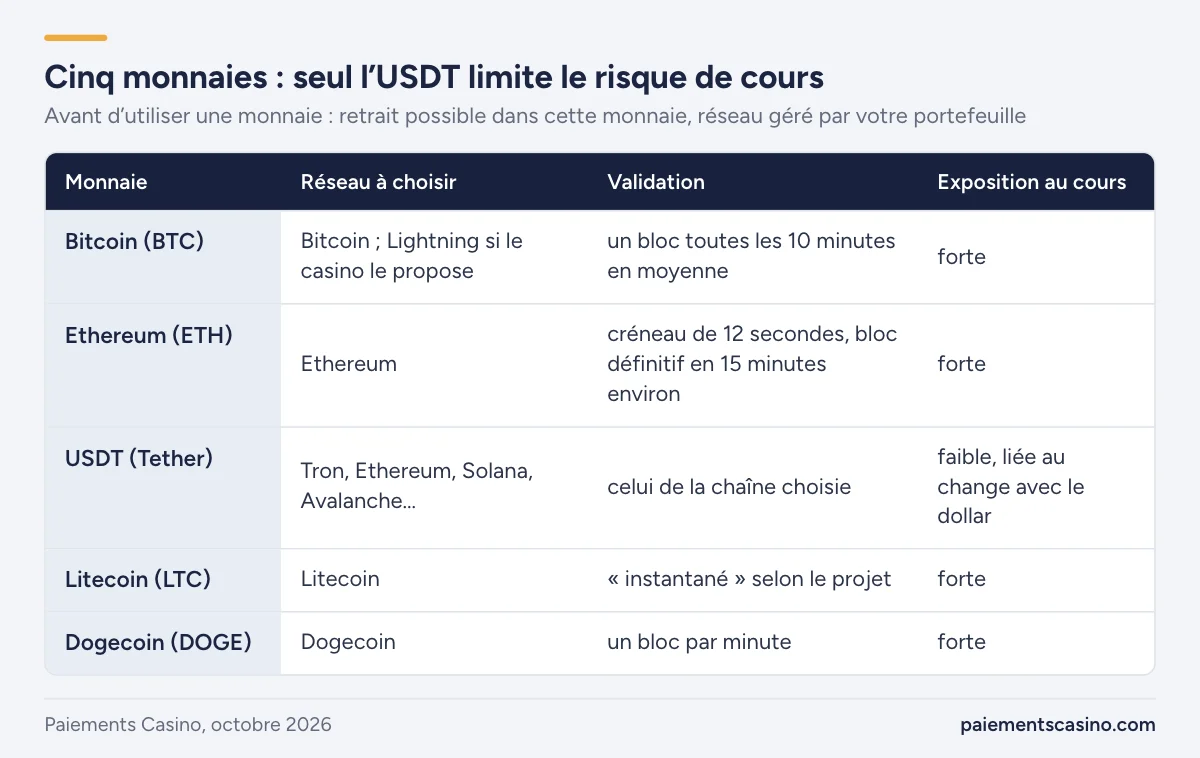 Bitcoin, Ethereum, USDT, Litecoin et Dogecoin comparés pour le casino