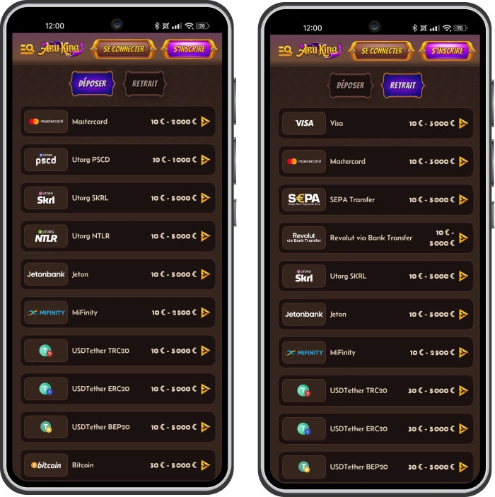 Méthodes de paiement, dépôt et retrait sur AbuKing Casino