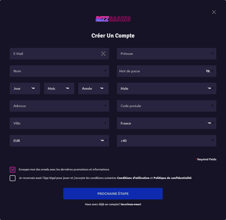 Fonctionnalités et inscription sur Rizz Casino