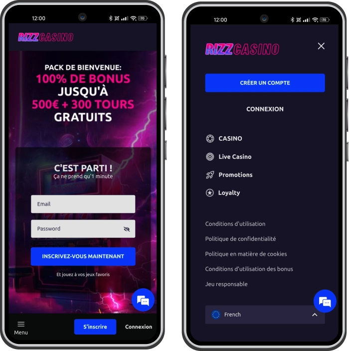 Aperçu de la page d’accueil de Rizz Casino